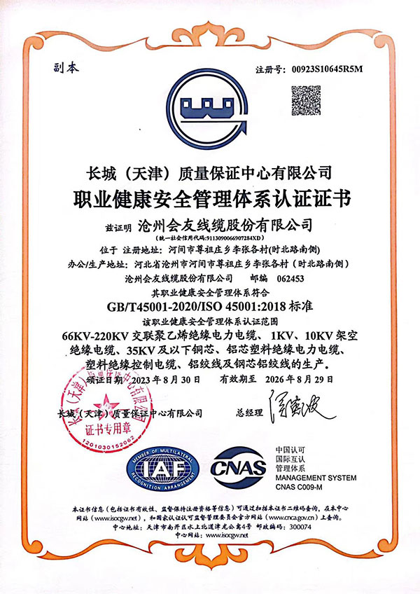 六安职业健康安全管理体系认证证书